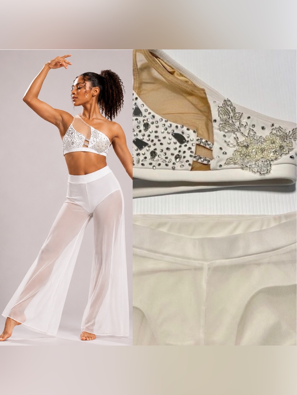 AA dance competition, contemporary costume 2 piece white wide leg XSA adult LC
